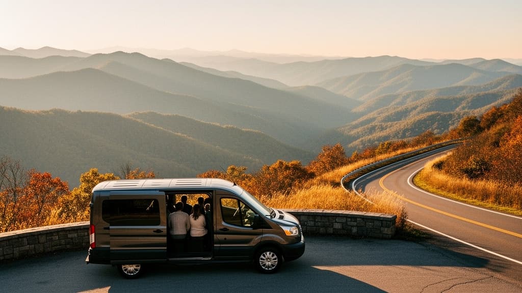 A small group beside a passenger van at a scenic Blue Ridge overlook
