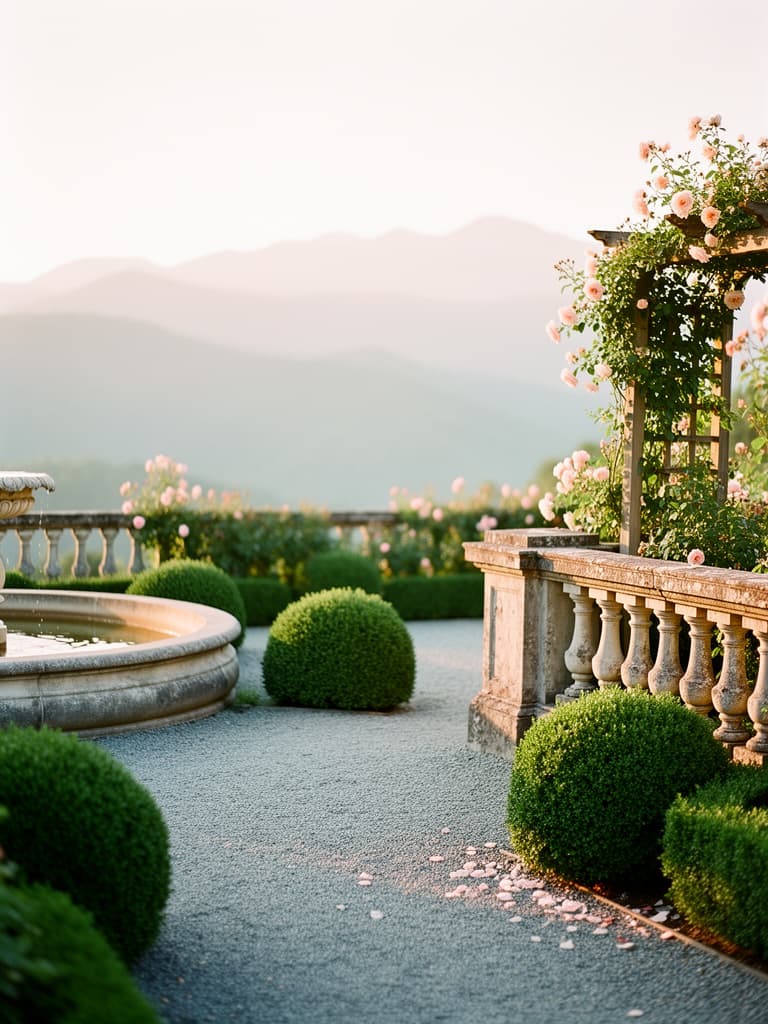 A formal garden terrace with roses and layered Blue Ridge mountains beyond
