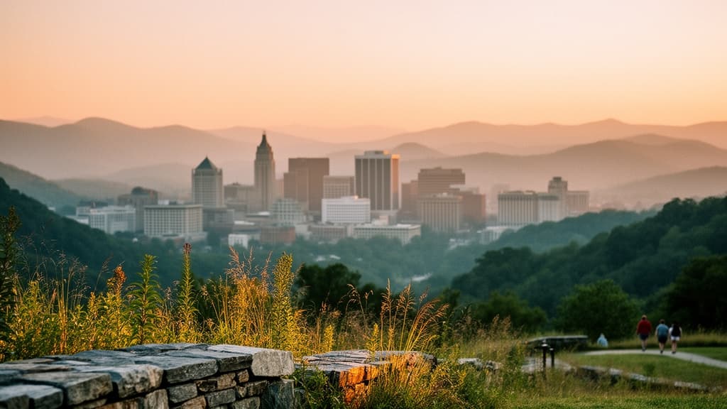 Downtown Asheville and the Blue Ridge mountains seen from a hillside at sunset
