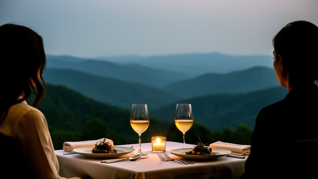 Two people enjoying dinner beside layered Blue Ridge mountain views at dusk