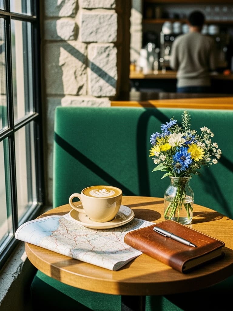 Coffee, a paper map, and a journal on a sunlit café table