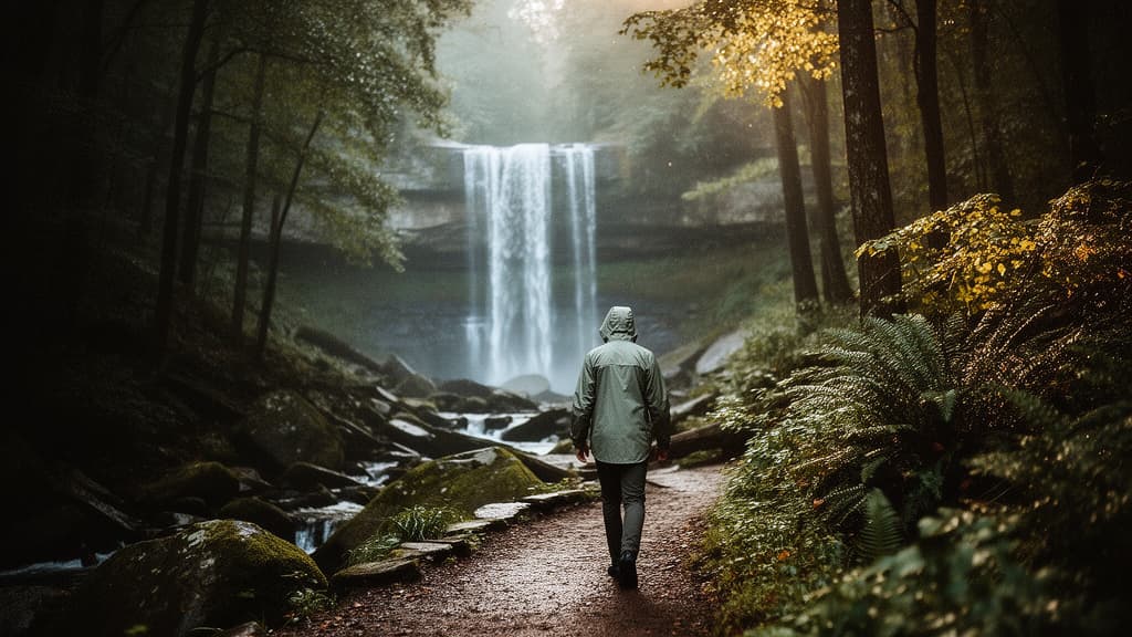 A person walking toward a waterfall through a forested trail