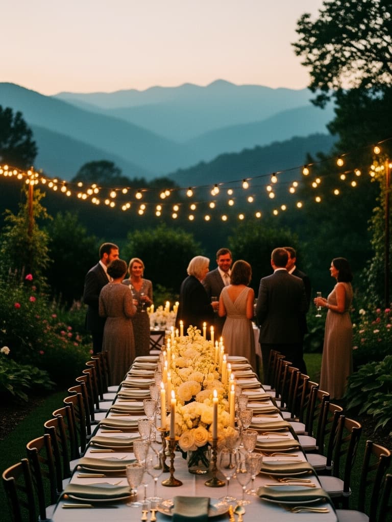 An outdoor dinner table with candlelight and guests beneath string lights in the mountains