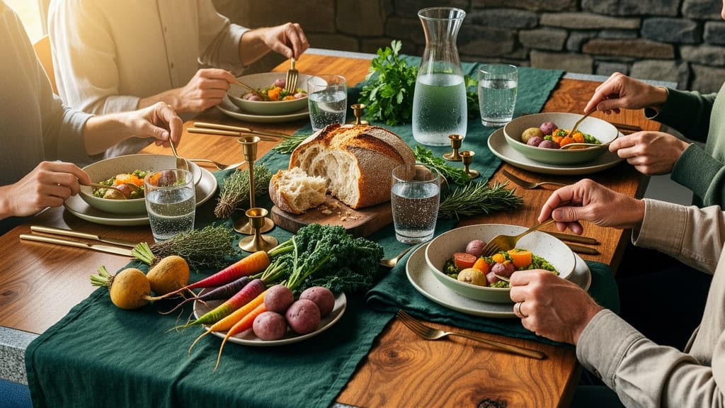 A seasonal meal shared around a wooden table with fresh vegetables and bread